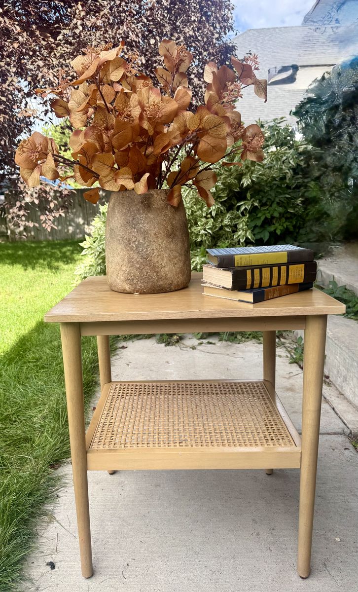 End Table with Wicker Shelf