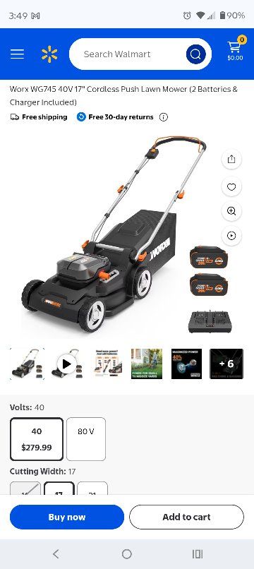Worx WG745 40V 17" Cordless Push Lawn Mower with 2 Batteries & Charger Included
