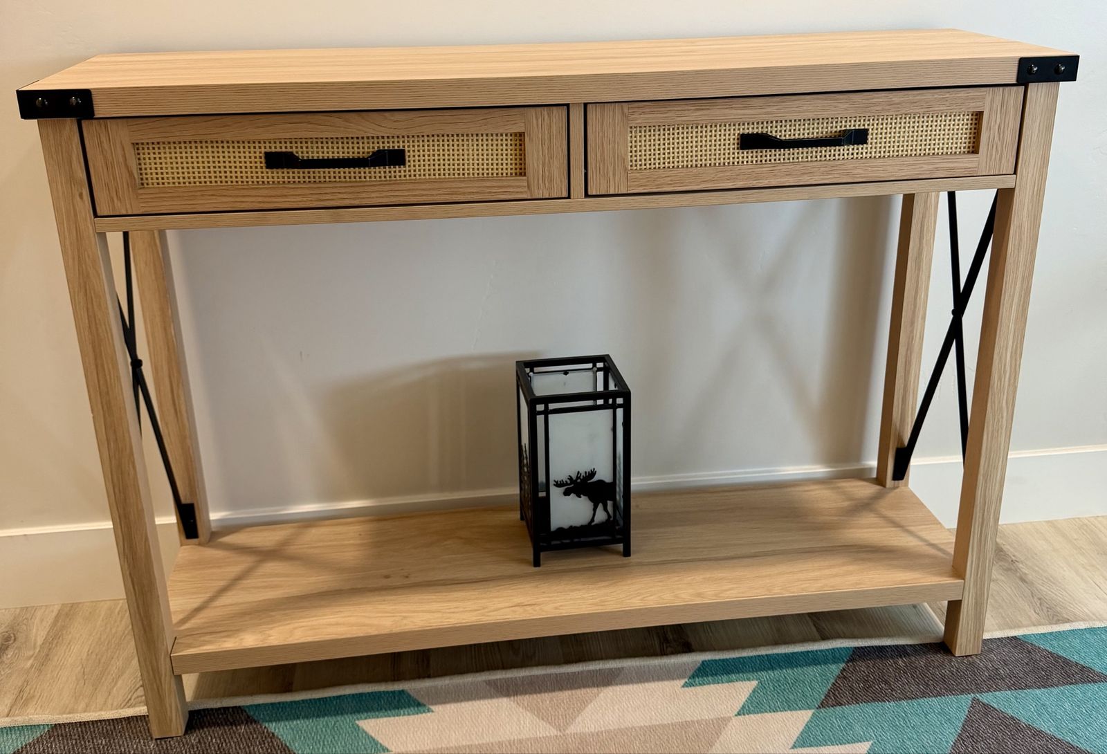 Wooden Console Table with Rattan Drawers & Black Metal Accents - Industrial/Boho Chic Entryway
