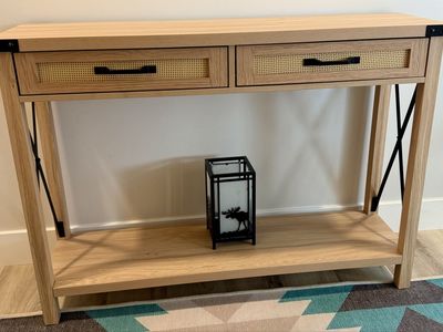 Wooden Console Table with Rattan Drawers & Black Metal Accents - Industrial/Boho Chic Entryway