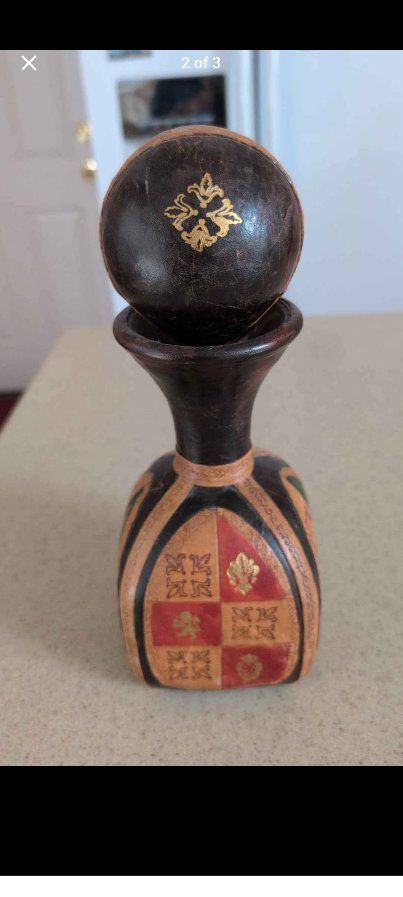 Vintage Mid-Century Modern Italian Tooled Leather Decanter Bottle Black Red Gold