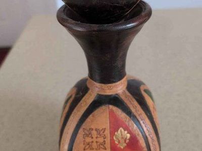 Vintage Mid-Century Modern Italian Tooled Leather Decanter Bottle Black Red Gold