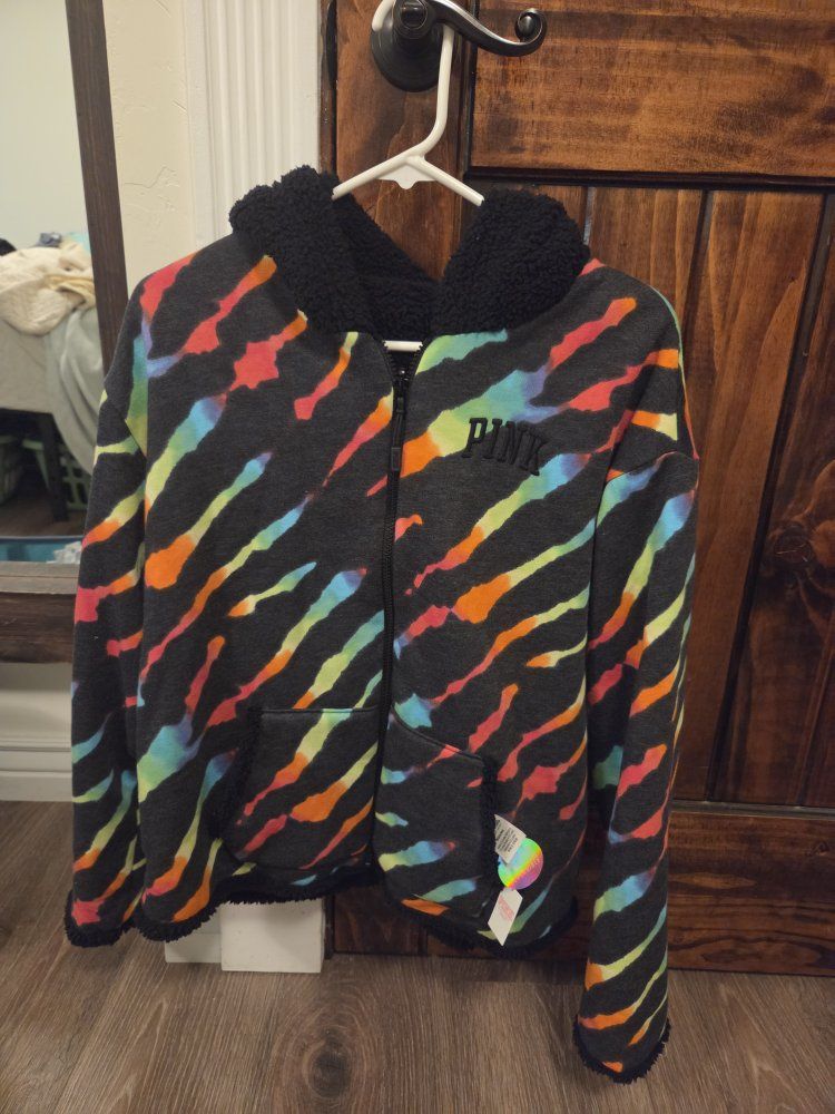 Victoria's Secret PINK Reversible Sherpa-Lined Full-Zip Hoodie Jacket, Size M, Tie-Dye