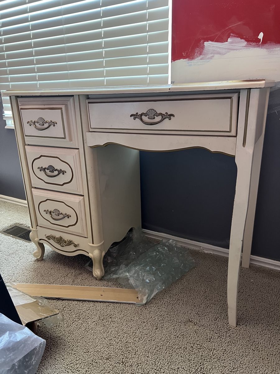 Vintage French Provincial Kids Desk - White with Gold Trim, 3 Drawers
