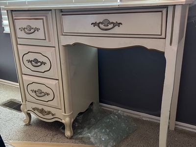 Vintage French Provincial Kids Desk - White with Gold Trim, 3 Drawers