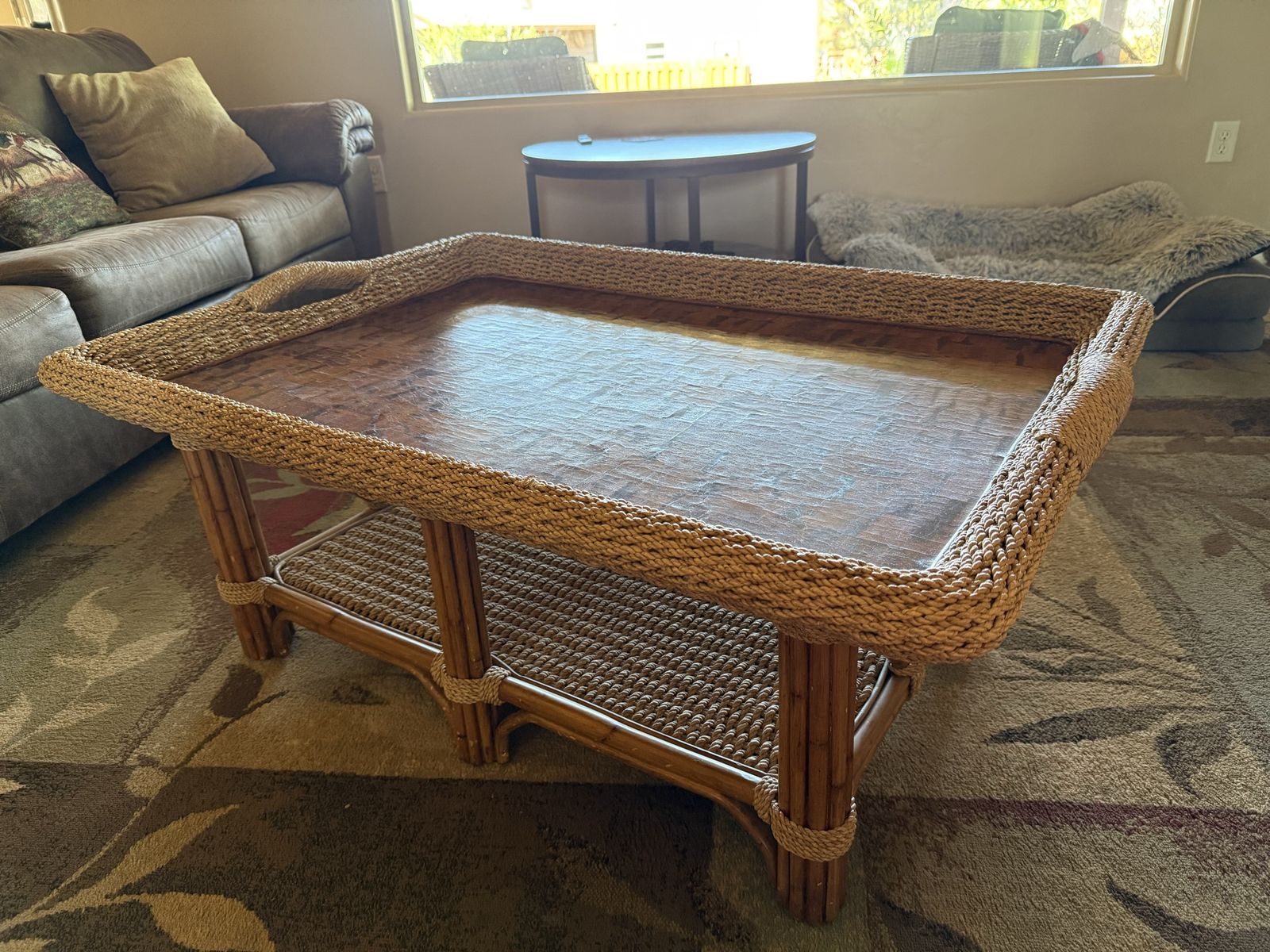 Woven Rattan & Bamboo Coffee Table with Tray Top & Lower Storage Shelf