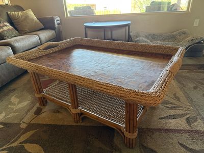 Woven Rattan & Bamboo Coffee Table with Tray Top & Lower Storage Shelf