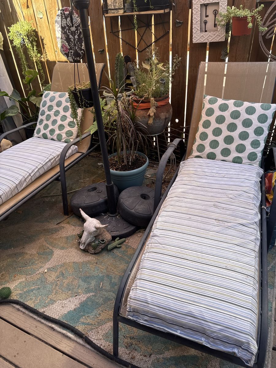 Pair of Used Outdoor Lounge Chairs with Cushions - Slight Tear