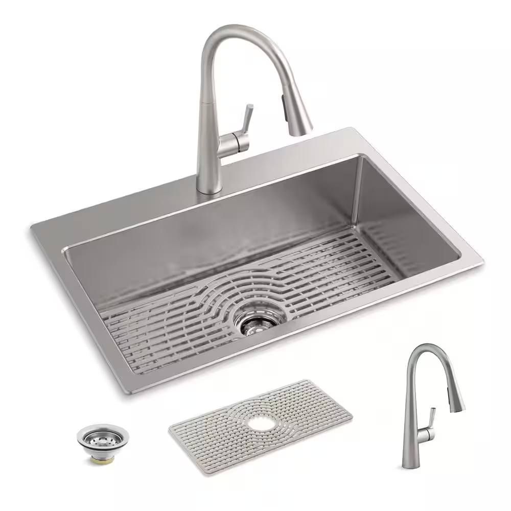 KHOLER Cursiva 18-Gauge Stainless Steel 33 in. Single Bowl Drop-In Kitchen Sink with Faucet