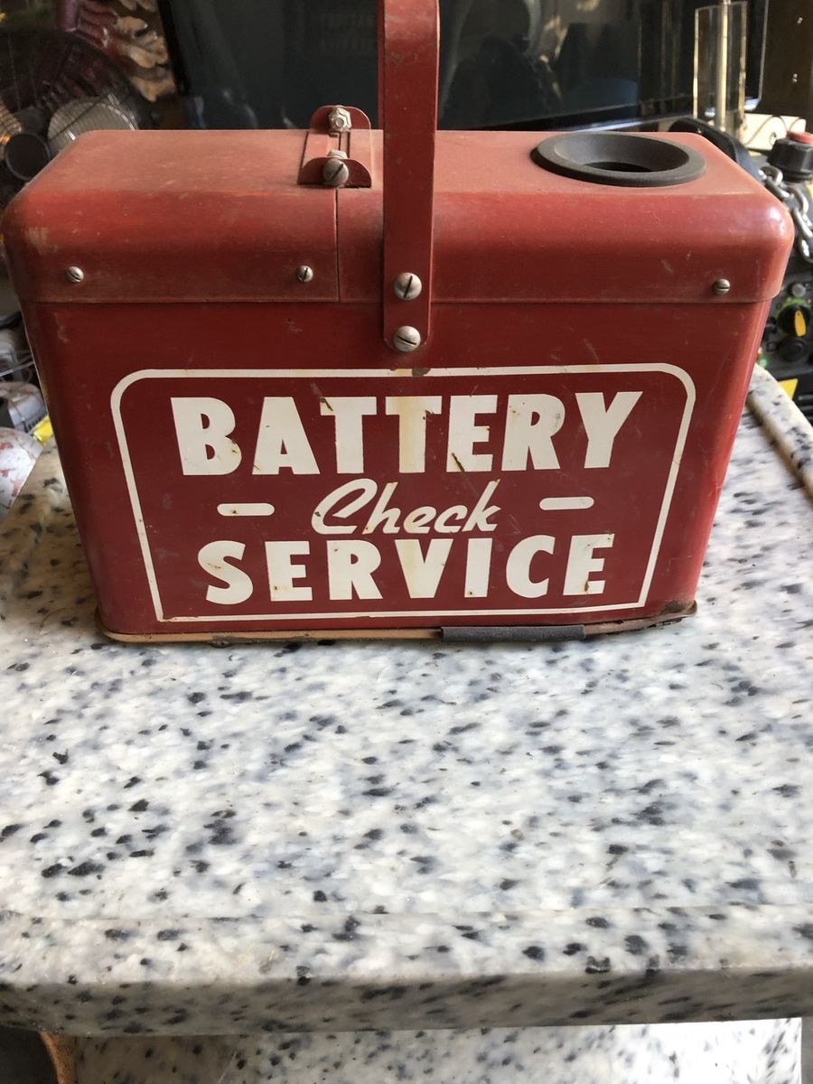 Vintage Red Metal Battery Service Carrying Box Carrying Caddy Container