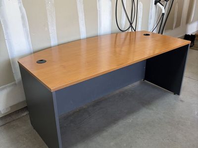 Spacious Wood & Gray Office Desk - Modern Design with Cable Management