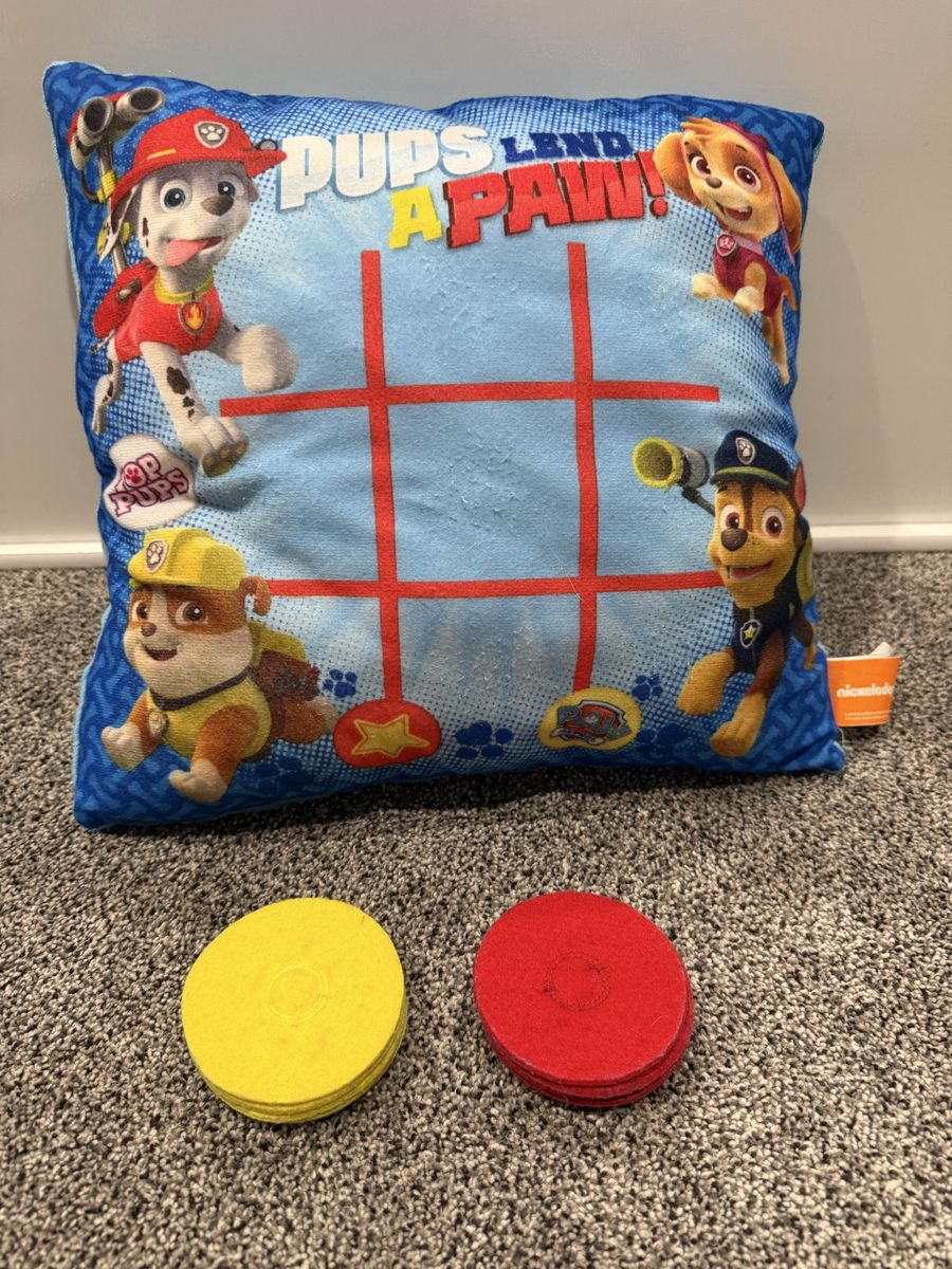 Paw Patrol Tic Tac Toe Pillow with Game Pieces Used Good Condition