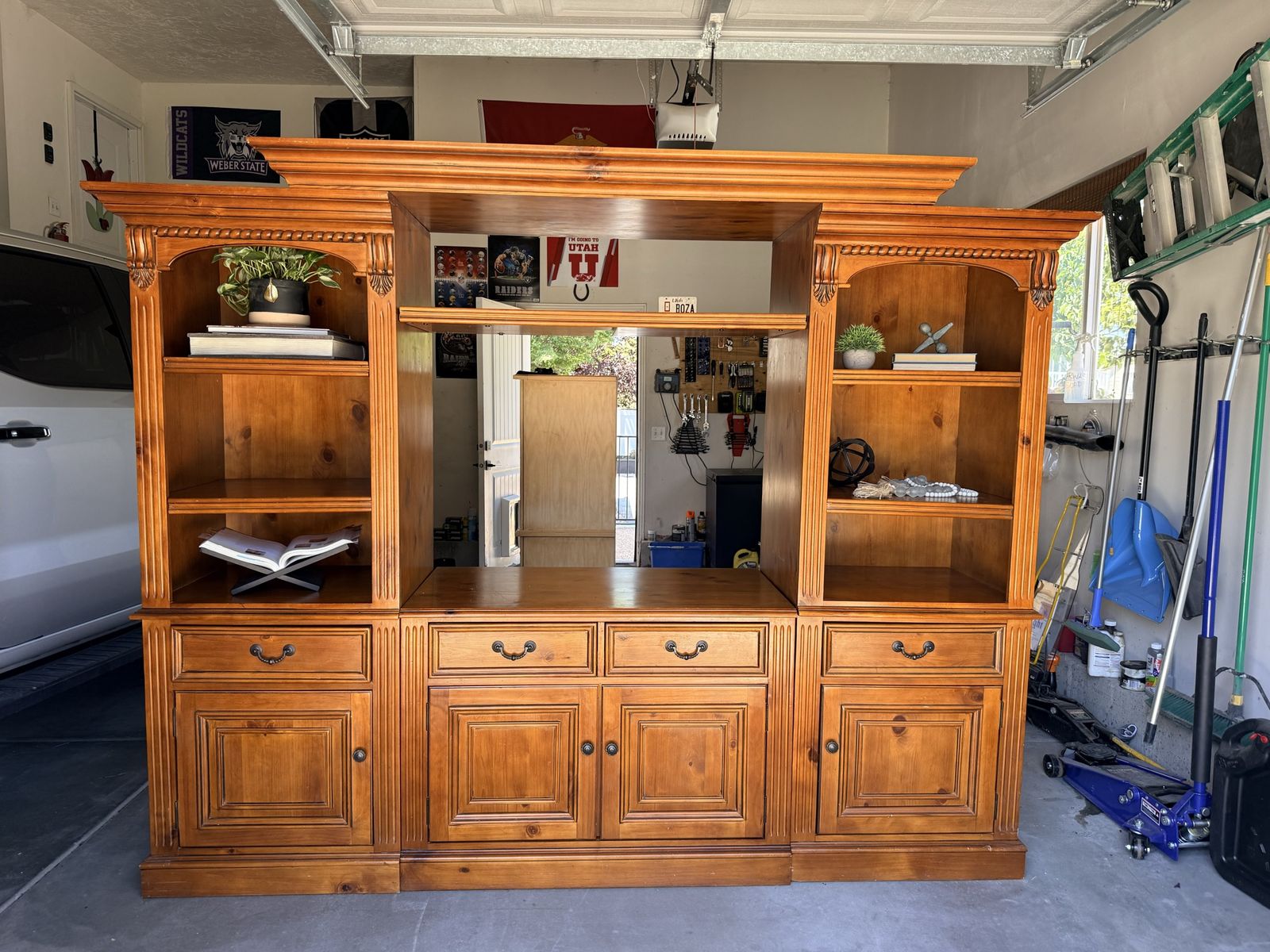 Large Wooden Entertainment Center Wall Unit with Storage and Shelving