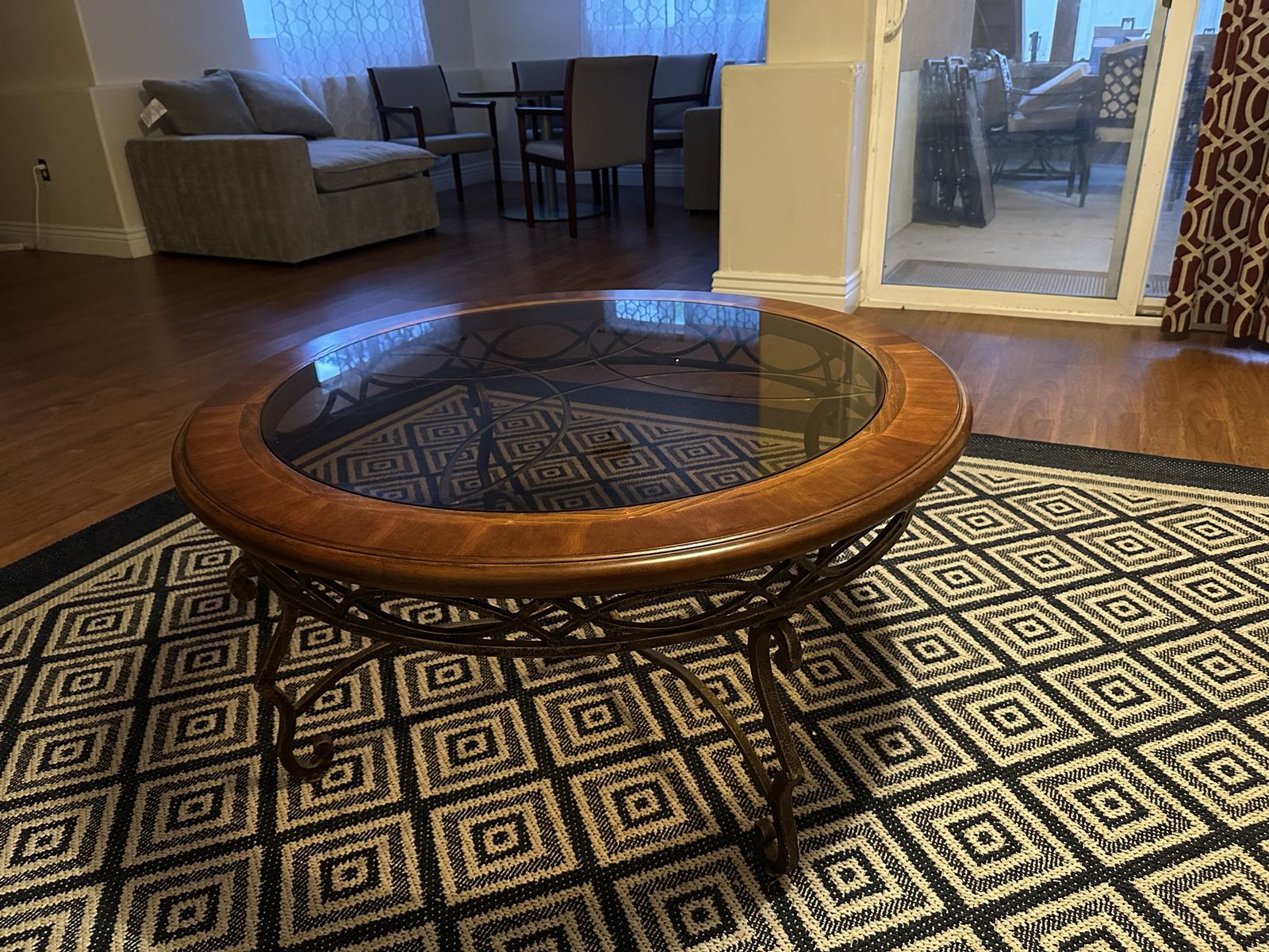 Elegant Wood & Wrought Iron Glass Top Coffee Table & Matching End Table Set