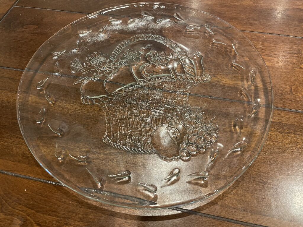 Vintage Glass Platter W/ Basket Of Apples Design