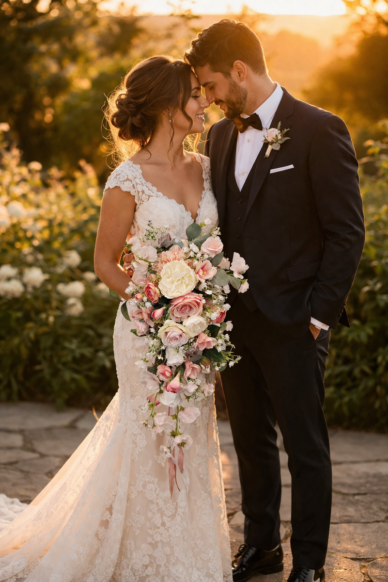 Beautiful Silk Cascade Bouquet and Boutonniere set
