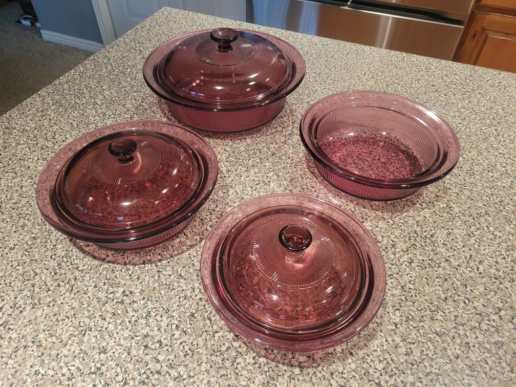 4 Vintage Pyrex Cranberry Vision Casserole Pans