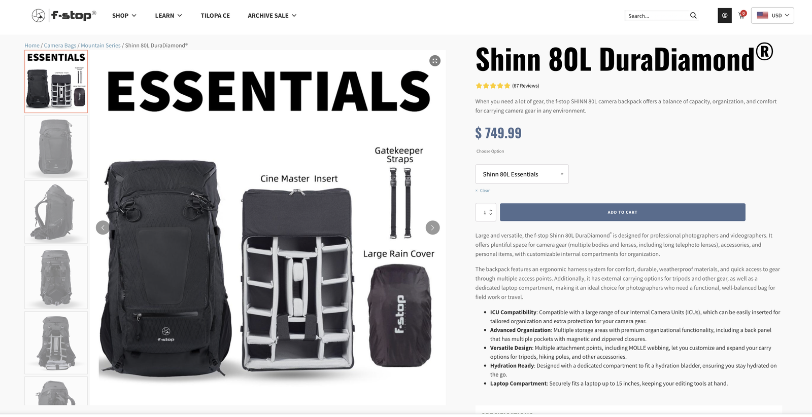 FStop Shinn 80L Camera Back Pack