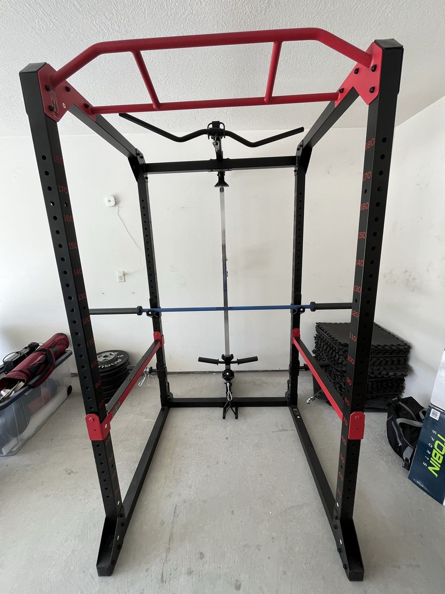 Rogue Ohio Bar, Rogue Echo Bumpers, Power Rack w/ Lat Pulldown & Gym Flooring