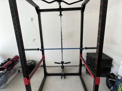 Rogue Ohio Bar, Rogue Echo Bumpers, Power Rack w/ Lat Pulldown & Gym Flooring