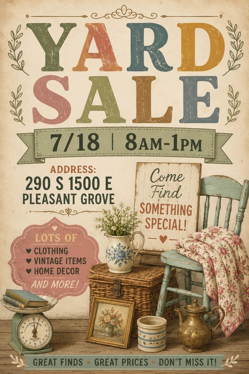 Yard Sale - Clothing, Vintage, Home Decor & More! Pleasant Grove 7/18 8 AM - 1 PM