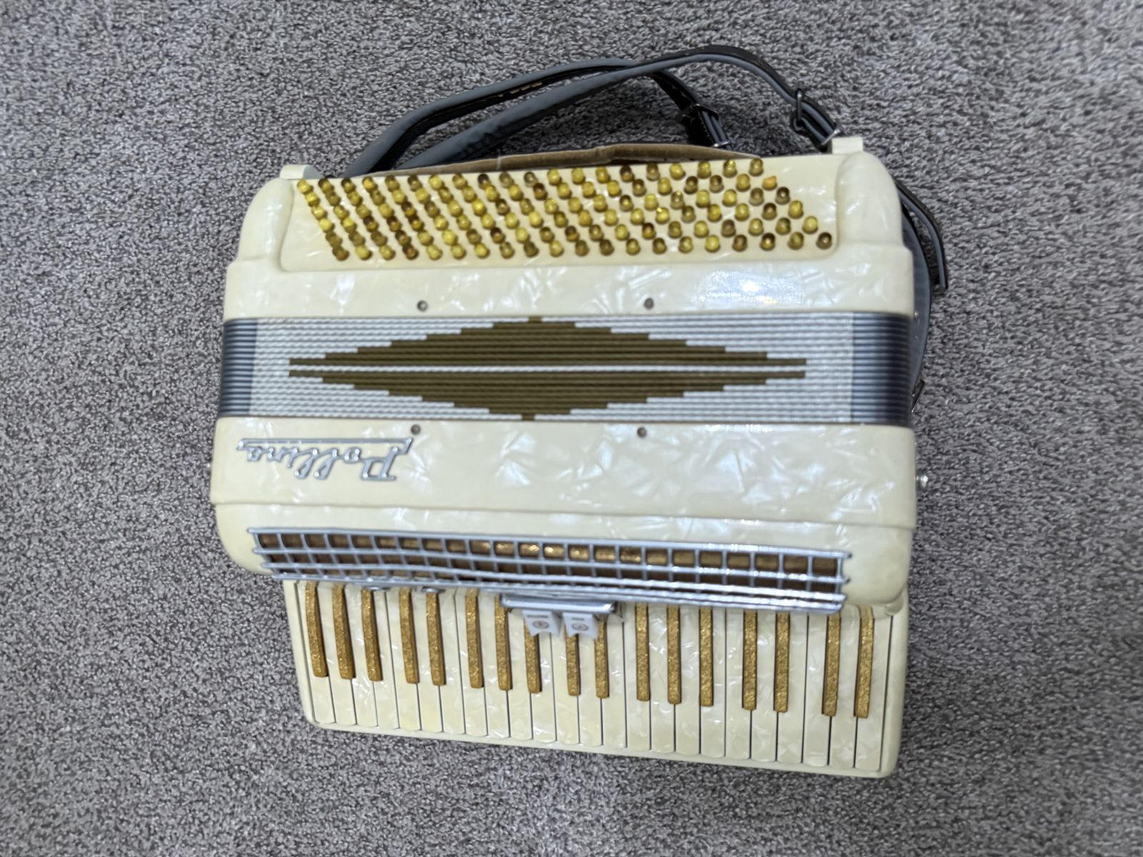 Vintage Pollina White Mother of Pearl Piano Accordion with Case & Sheet Music Lot