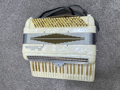 Vintage Pollina White Mother of Pearl Piano Accordion with Case & Sheet Music Lot