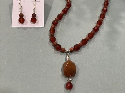 Handmade Beaded Carnelian and Goldstone Gemstone Necklace and Earrings