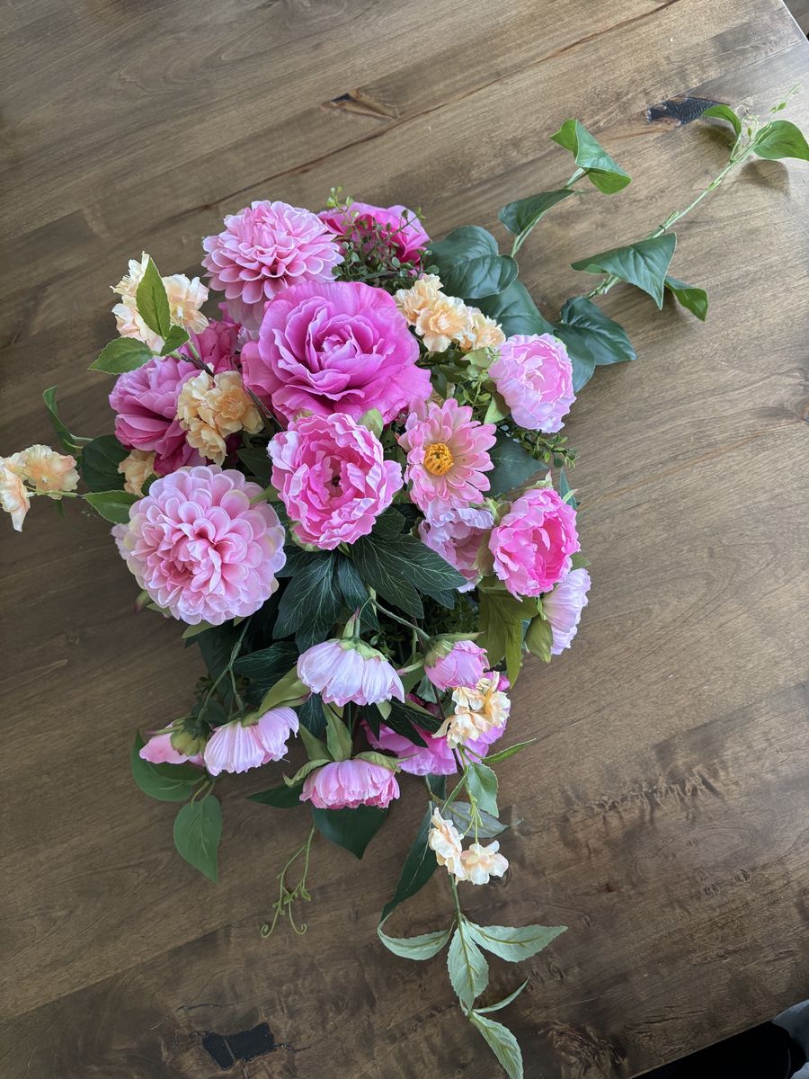 Artificial Floral Arrangement and Flowers - Pink Roses, Dahlias & Peach Accent Flowers with Greenery / Wedding Decor