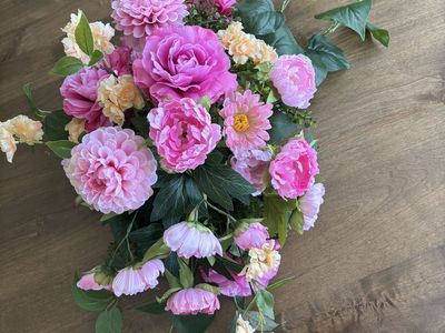 Artificial Floral Arrangement and Flowers - Pink Roses, Dahlias & Peach Accent Flowers with Greenery / Wedding Decor