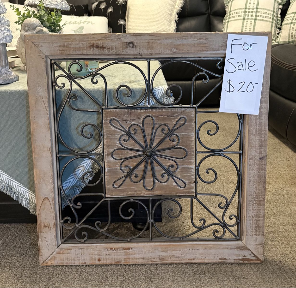 Rustic Farmhouse Decor Wood & Metal Scrollwork Wall Art Square