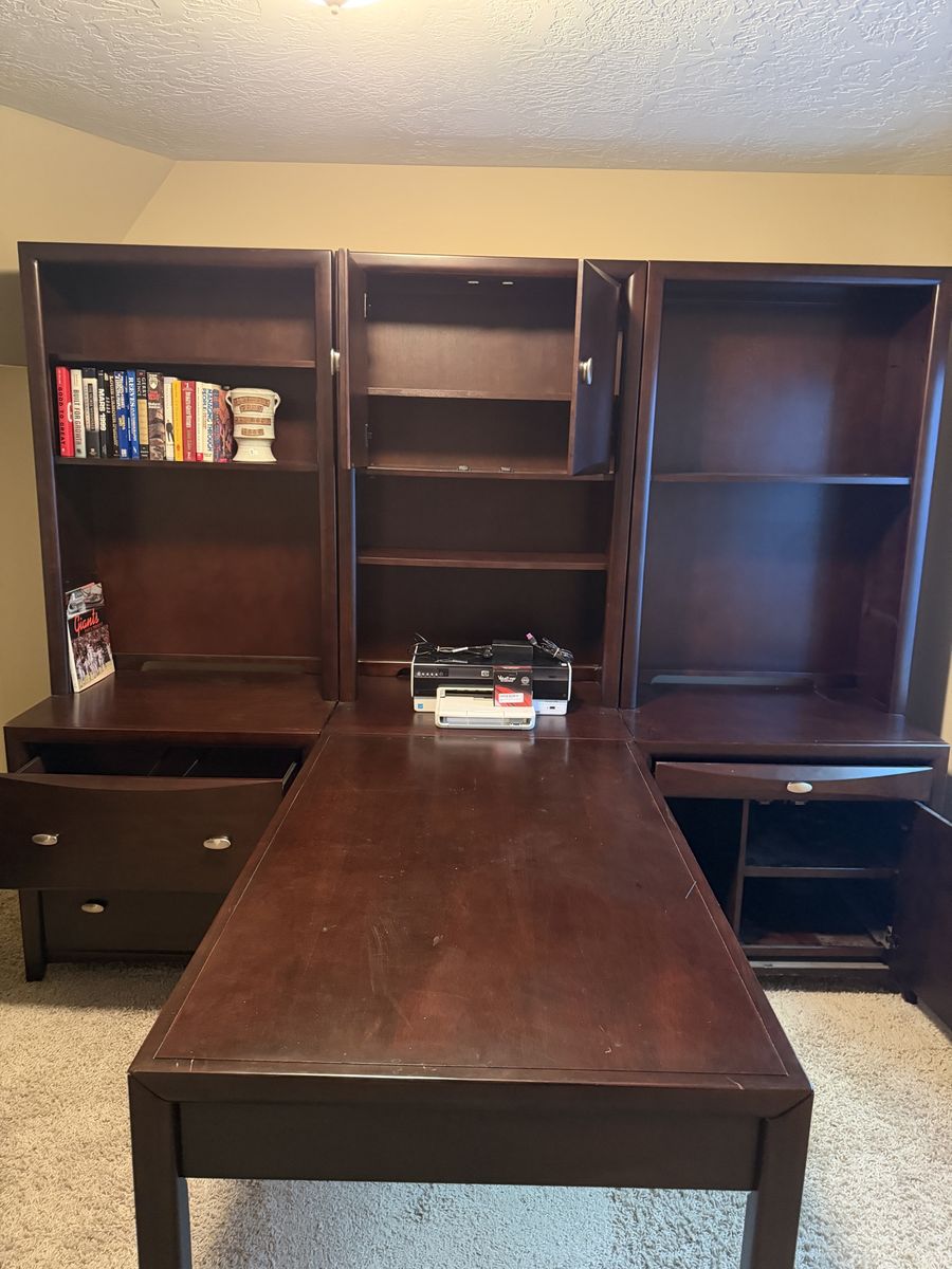 Large Dark Wood Executive Office Desk with Hutch and Storage Shelves