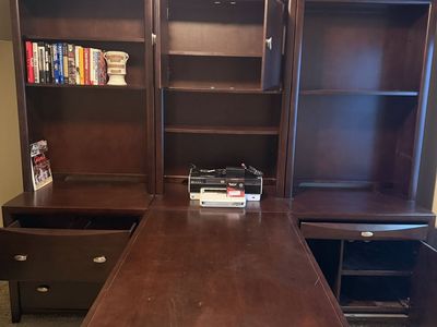 Large Dark Wood Executive Office Desk with Hutch and Storage Shelves