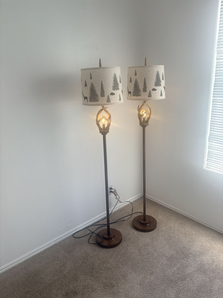Rustic Lodge Deer and Pine Tree Floor Lamps (Pair) - Cabin/Woodland Decor