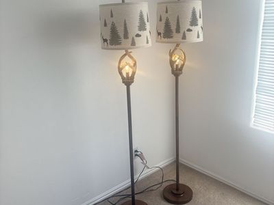 Rustic Lodge Deer and Pine Tree Floor Lamps (Pair) - Cabin/Woodland Decor
