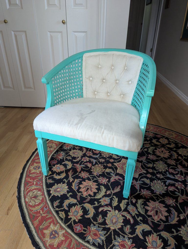 Vintage Turquoise Painted Cane Barrel Accent Chair - Tufted Cushion