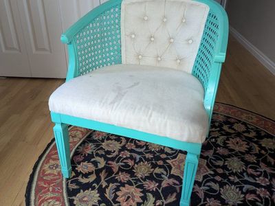 Vintage Turquoise Painted Cane Barrel Accent Chair - Tufted Cushion