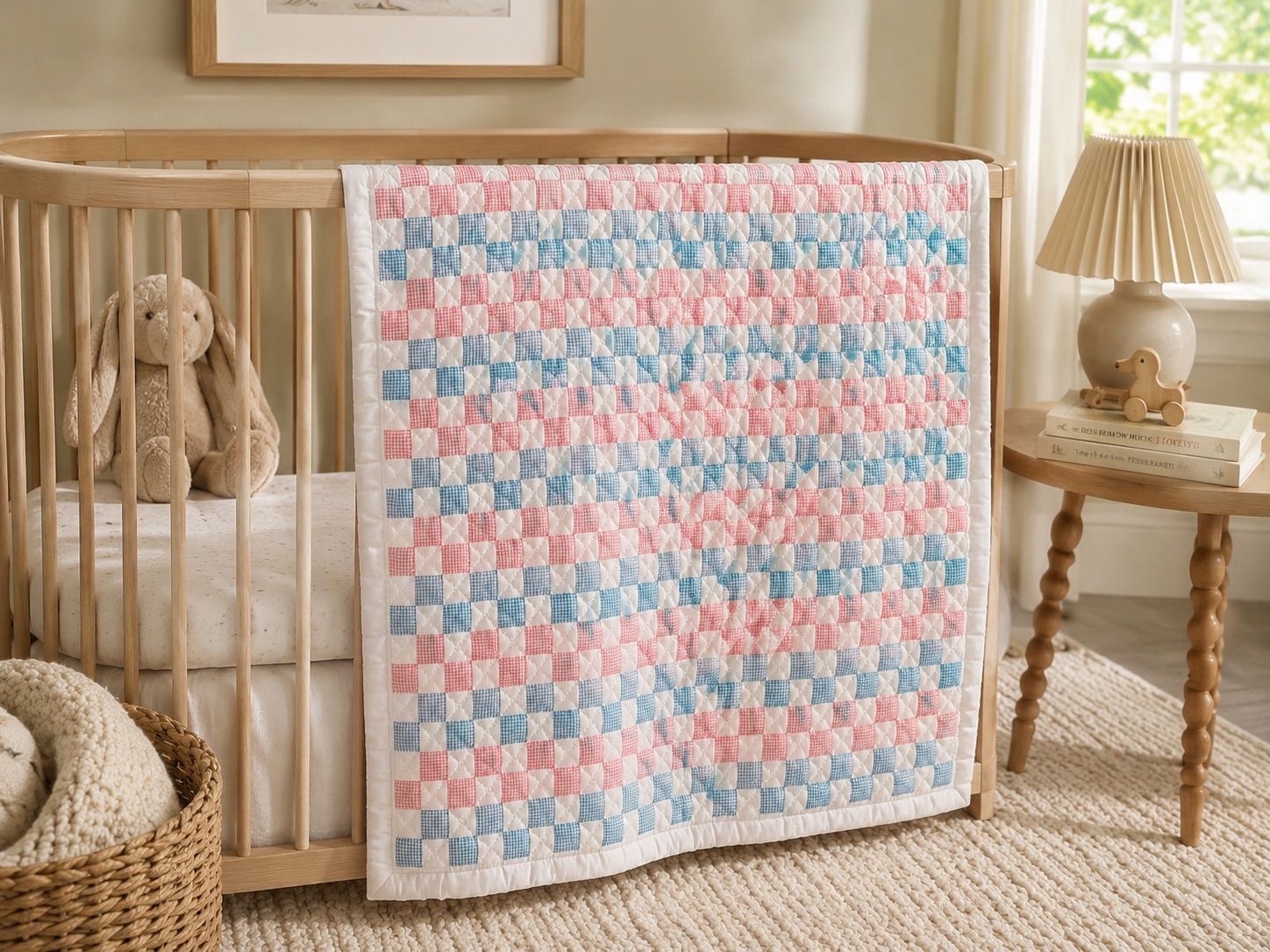 Vintage Pink and Blue Gingham Quilt for Nursery Crib