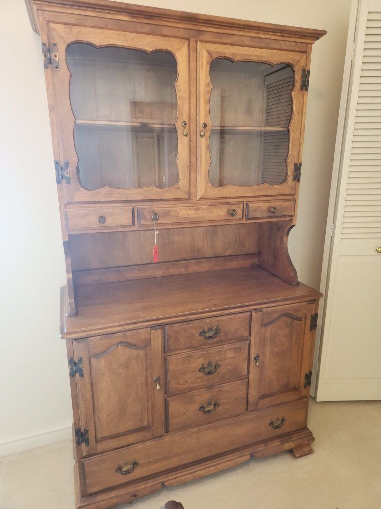 Vintage Solid Wood Hutch Cabinet with Glass Doors & Storage Drawers - Farmhouse/Rustic Style
