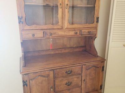 Vintage Solid Wood Hutch Cabinet with Glass Doors & Storage Drawers - Farmhouse/Rustic Style