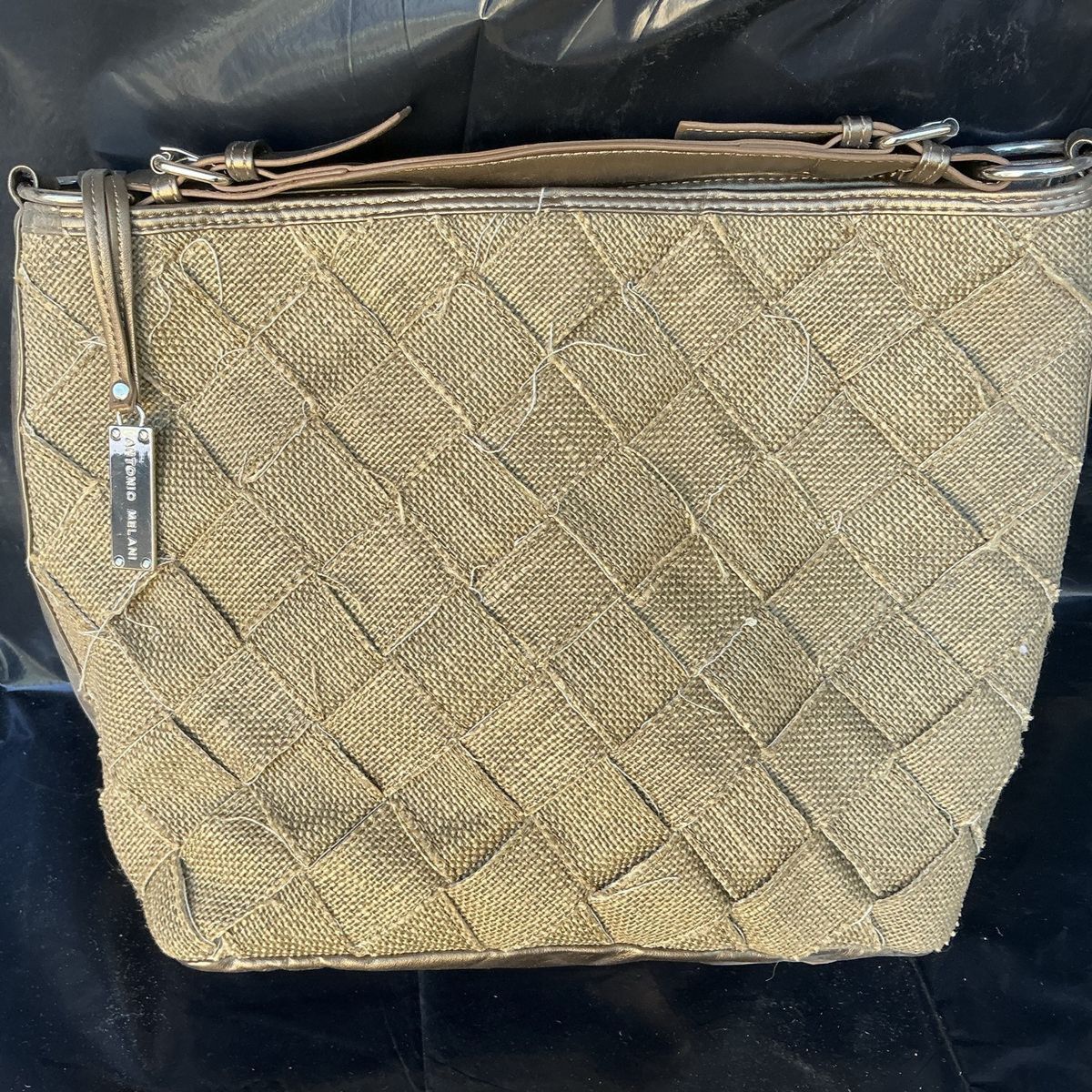 Antonio Melani Woven Shoulder Bag Bronze Tan Metallic Jute Fabric Handbag Purse with Logo Charm