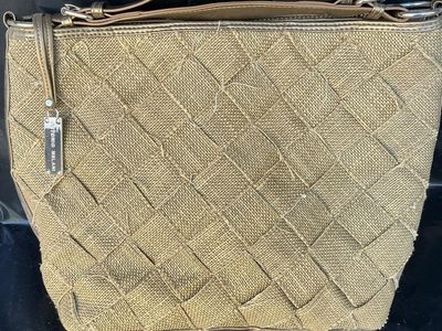 Antonio Melani Woven Shoulder Bag Bronze Tan Metallic Jute Fabric Handbag Purse with Logo Charm