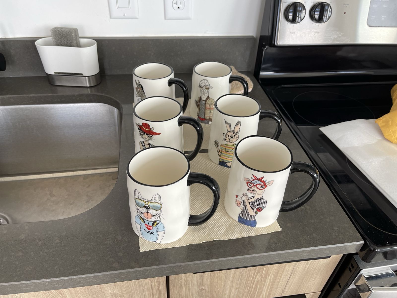 Set of 6 Animal Illustration Ceramic Coffee Mugs with Black Handle and Rim