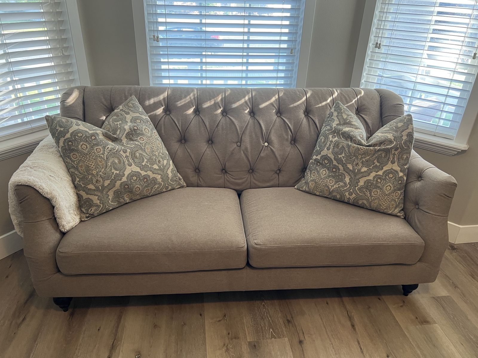 Elegant Tufted Fabric Loveseat Sofa - Neutral Gray/Tan Color