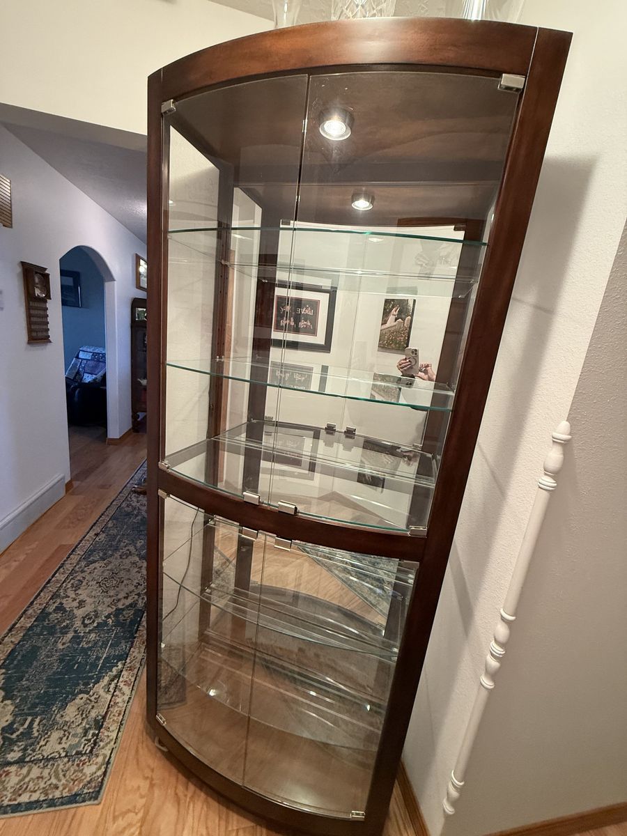 Curved Glass Curio Cabinet with mirror and lights