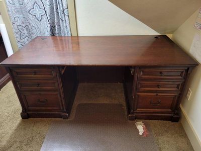 Used Dark Wood Executive Desk with File Drawers and Built-in Organizers