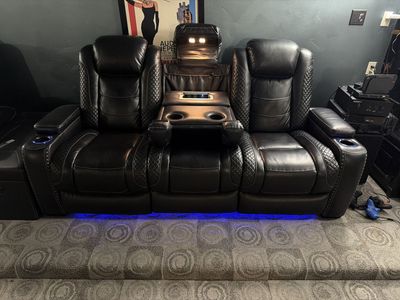 Ashley Furniture Black Leather Reclining Home Theater Seating - 3-Seat Couch with Cupholders & Storage