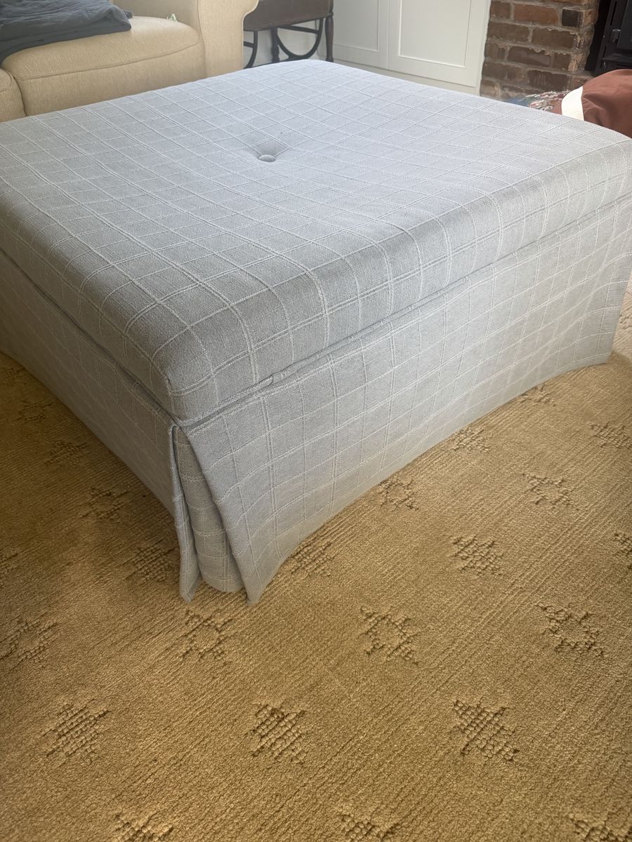 Brand new custom Upholstered Square Ottoman Footstool - Light Grey Windowpane Pattern with Skirt
