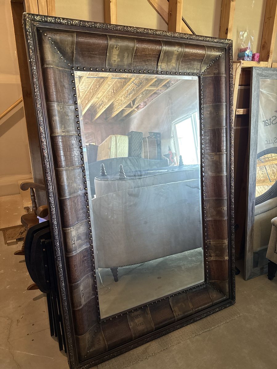 Large 48x72” Ornate Dark Brown Framed Mirror with Faux Alligator Texture and Stud Details