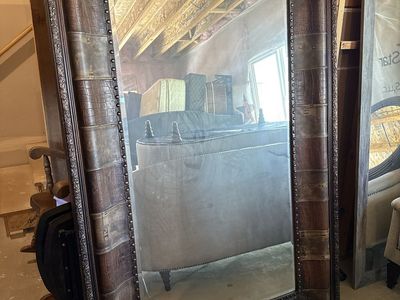 Large 48x72” Ornate Dark Brown Framed Mirror with Faux Alligator Texture and Stud Details